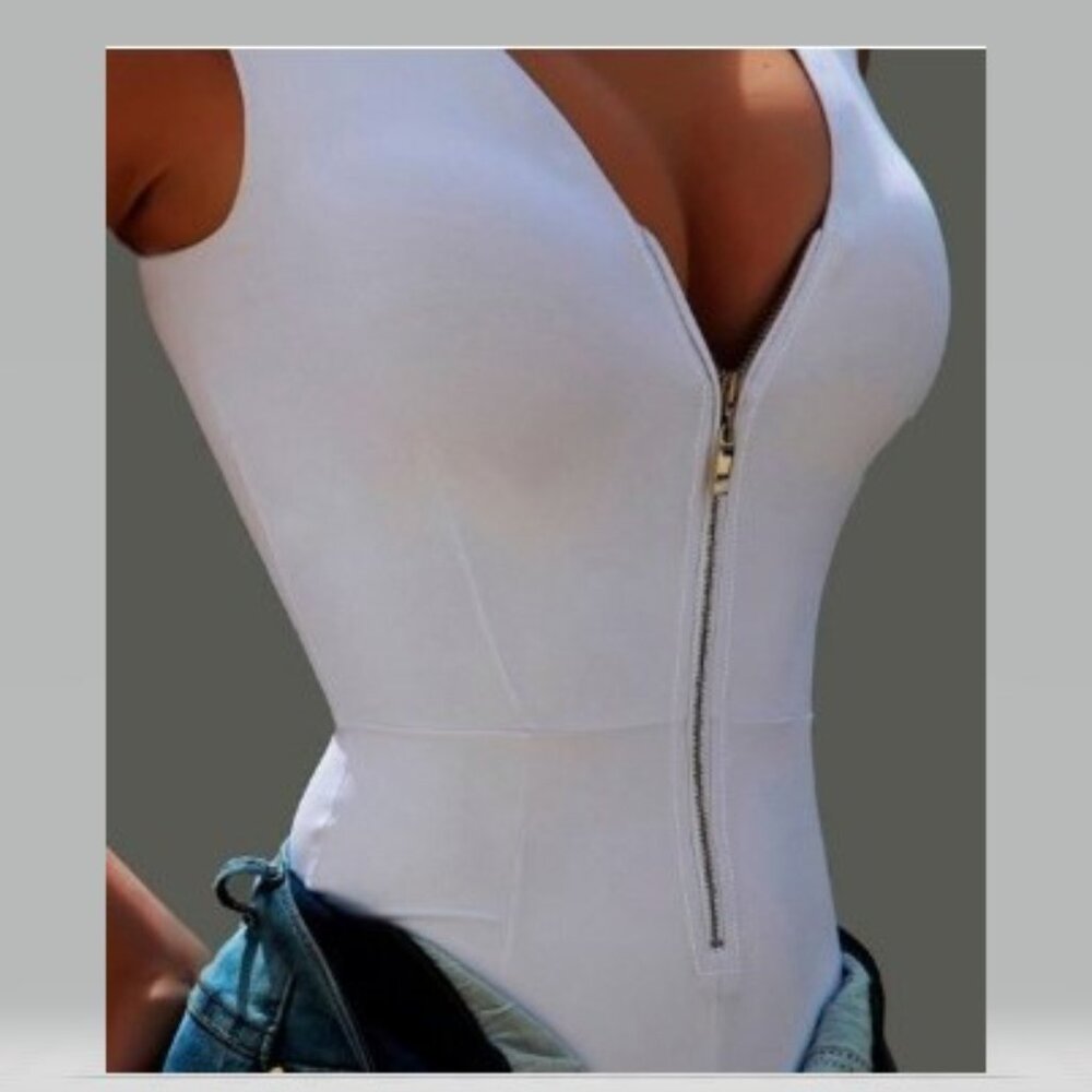 White Zipper Front Tank Bodysuit